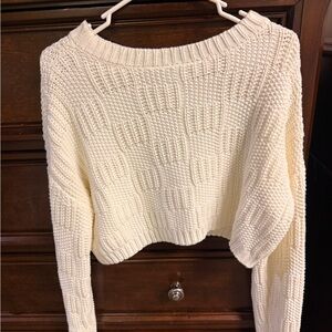 Women's Cream Textured Cropped Crewneck Sweater
